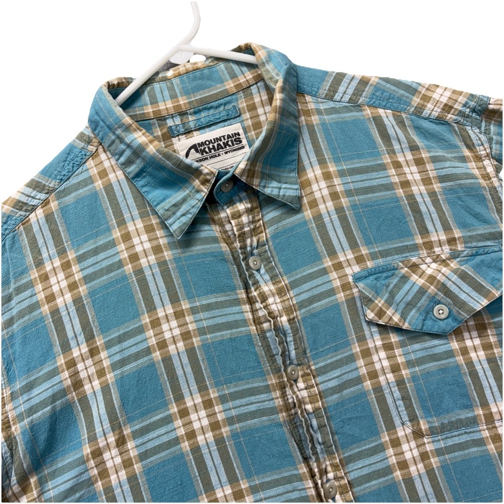 Mountain‎ Khakis Shirt Mens L short sleeve button up blue plaid lightweight hike